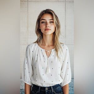 J. Crew Ivory Embroidered Peasant Boho Top Blouse with tassel ties size XXS